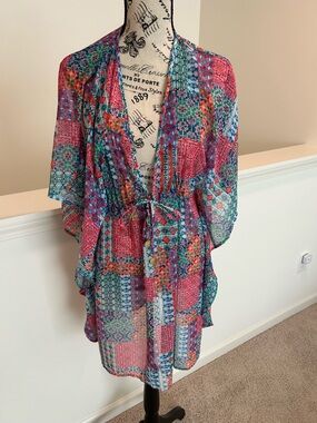 Blue/Rodbeattie Multicolor Patchwork Sheer Kimono Cover-Up